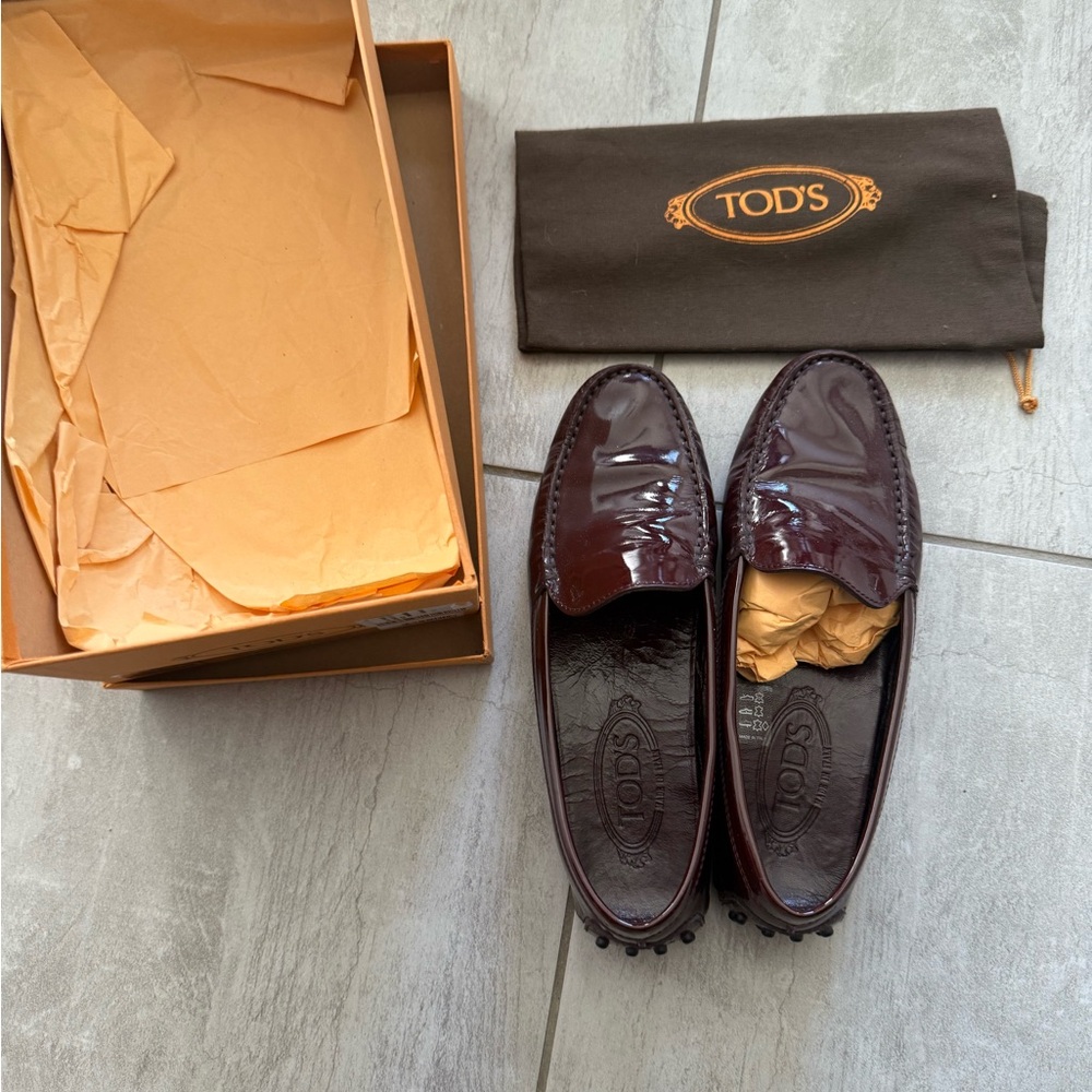 Tod's Burgundy Patent Leather Loafers